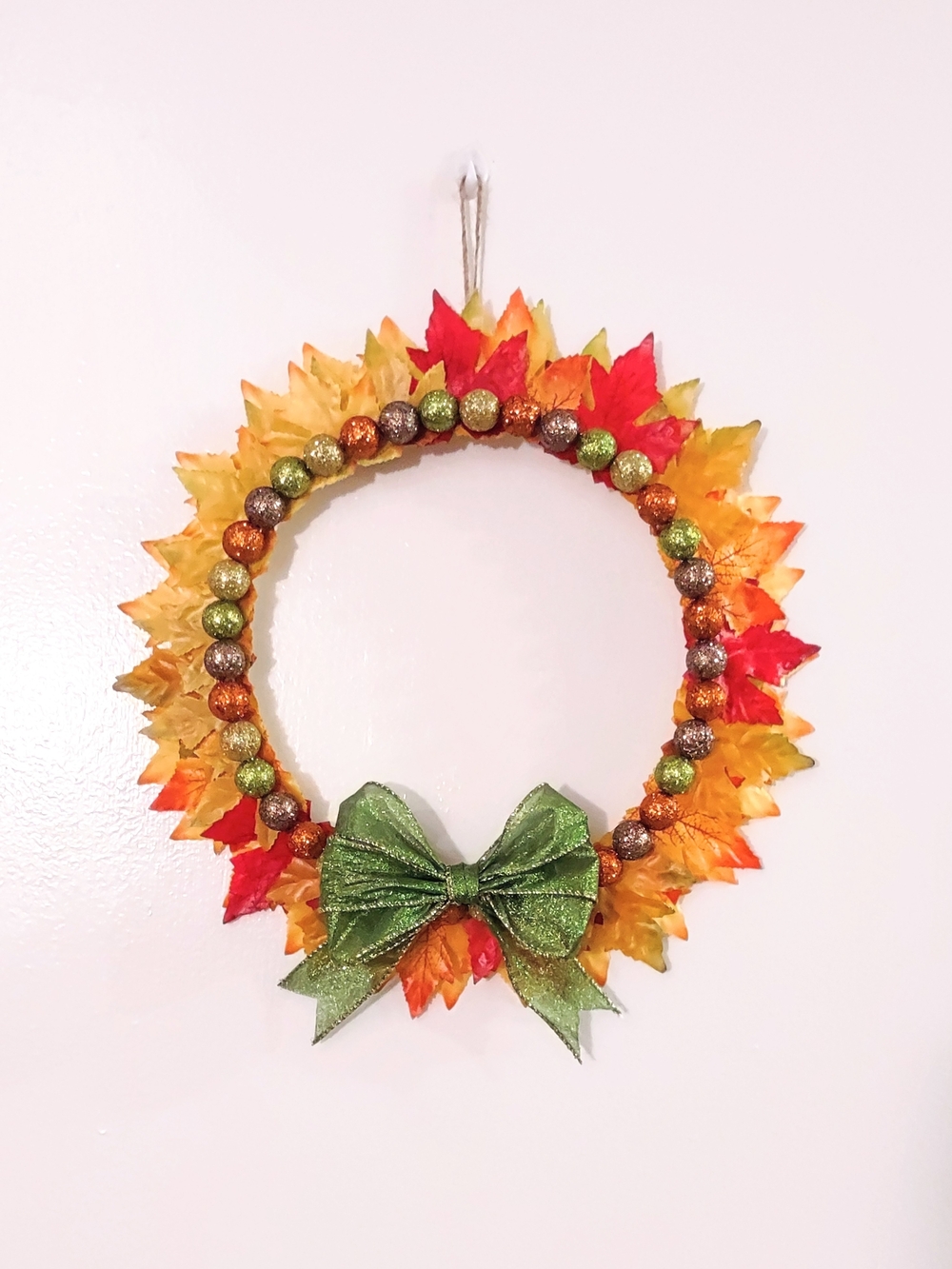 Handmade Fall Leaf Wreath with Green Bow